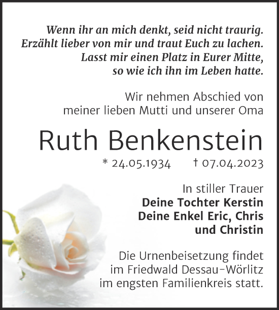Traueranzeige von Ruth Benkenstein von Trauerkombi Wittenberg