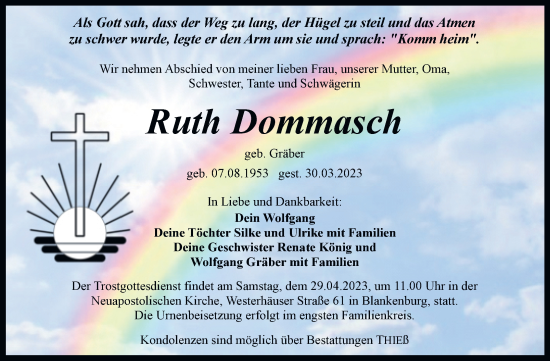 Traueranzeige von Ruth Dommasch von Trauerkombi Quedlinburg
