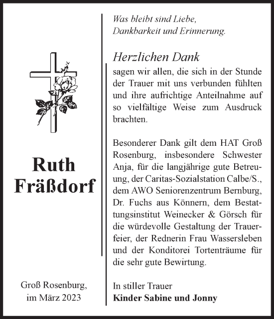 Traueranzeige von Ruth Fräßdorf von Volksstimme Schönebeck