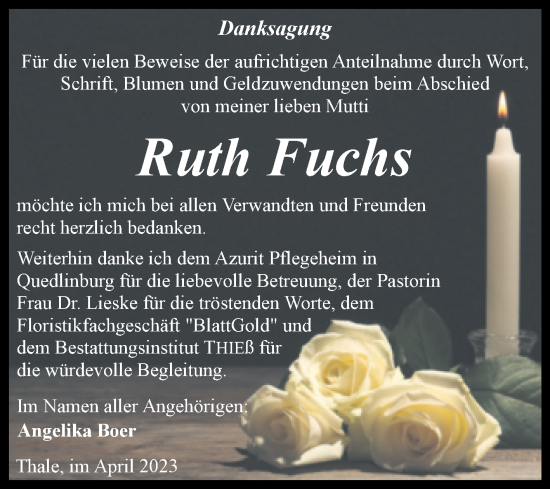 Traueranzeige von Ruth Fuchs von Trauerkombi Quedlinburg