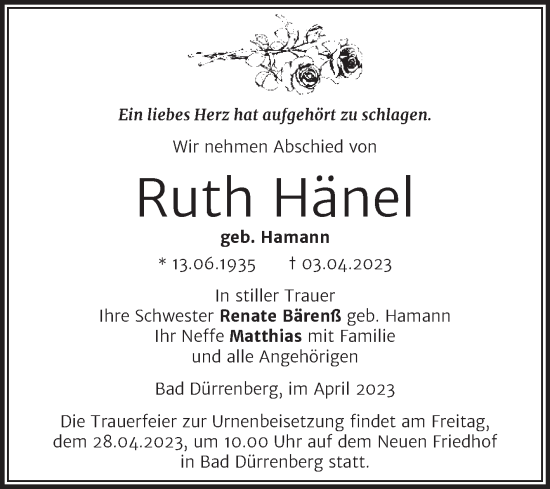 Traueranzeige von Ruth Hänel von Trauerkombi Merseburg