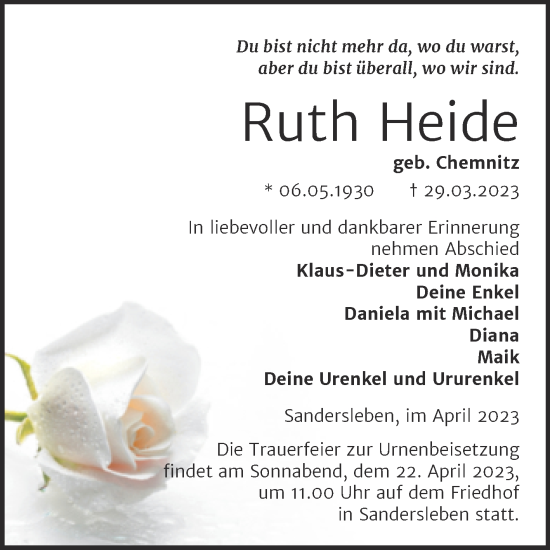 Traueranzeige von Ruth Heide von Trauerkombi Mansfelder Land