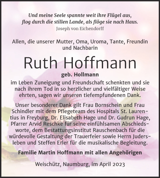 Traueranzeige von Ruth Hoffmann von Wochenspiegel Naumburg/Nebra