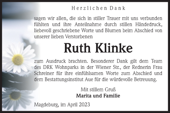 Traueranzeige von Ruth Klinke von Volksstimme Magdeburg