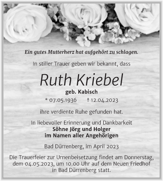 Traueranzeige von Ruth Kriebel von Trauerkombi Merseburg
