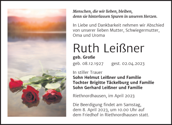 Traueranzeige von Ruth Leißner von Trauerkombi Sangerhausen