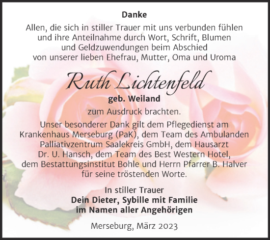 Traueranzeige von Ruth Lichtenfeld von Trauerkombi Merseburg