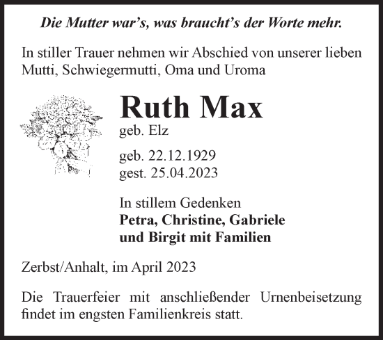 Traueranzeige von Ruth Max von Volksstimme Zerbst