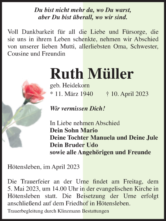 Traueranzeige von Ruth Müller von Volksstimme Oschersleben/Wanzleben