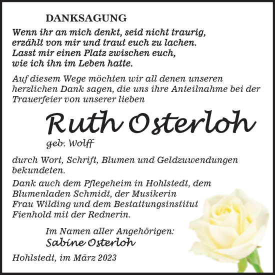 Traueranzeige von Ruth Osterloh von Trauerkombi Sangerhausen