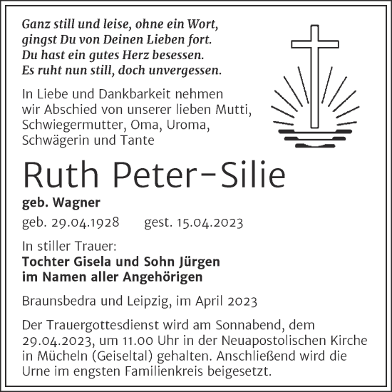Traueranzeige von Ruth Peter-Silie von Trauerkombi Merseburg