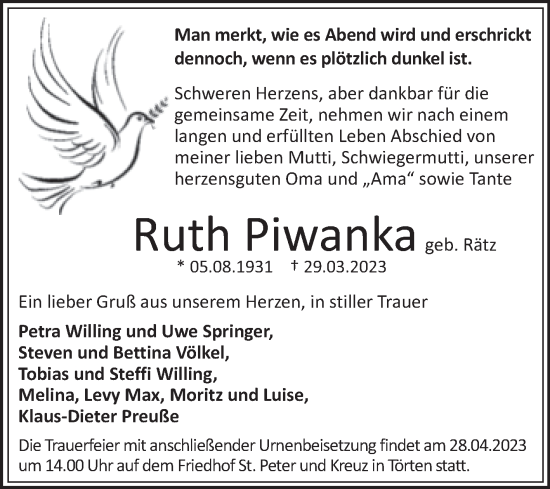 Traueranzeige von Ruth Piwanka von Trauerkombi Dessau