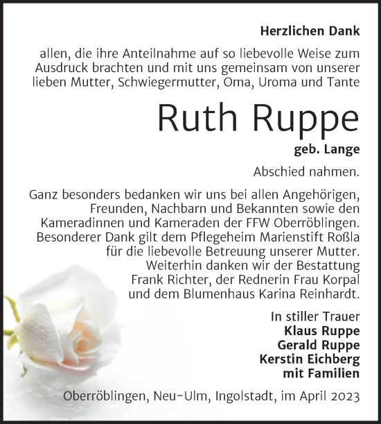 Traueranzeige von Ruth Ruppe von Trauerkombi Sangerhausen