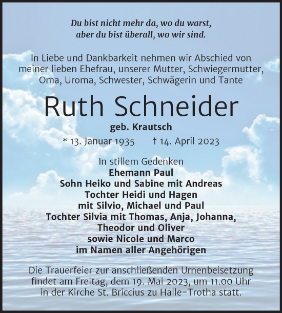 Traueranzeige von Ruth Schneider von Mitteldeutsche Zeitung Halle/Saalkreis