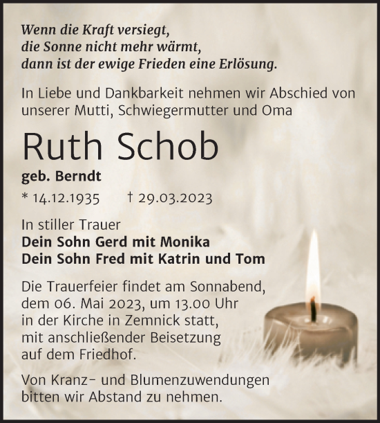 Traueranzeige von Ruth Schob von Trauerkombi Wittenberg