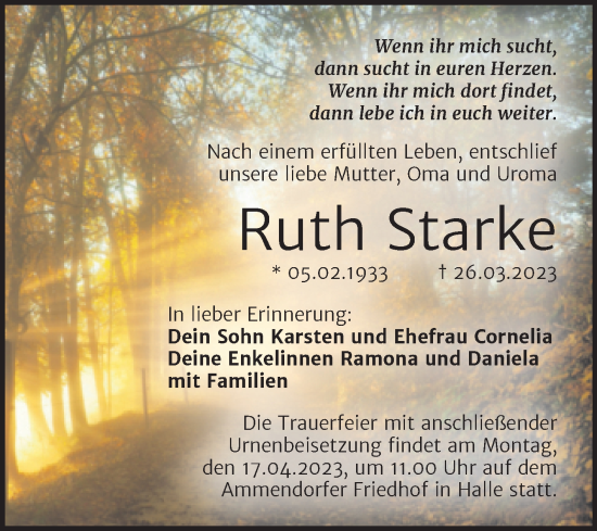 Traueranzeige von Ruth Starke von Mitteldeutsche Zeitung Halle/Saalkreis