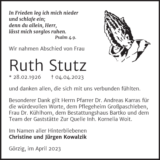 Traueranzeige von Ruth Stutz von Trauerkombi Köthen