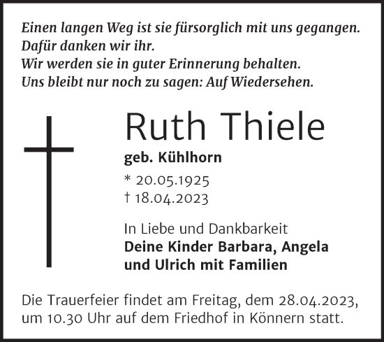 Traueranzeige von Ruth Thiele von Trauerkombi Bernburg