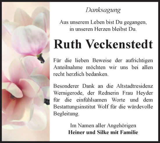 Traueranzeige von Ruth Veckenstedt von Volksstimme Wernigerode