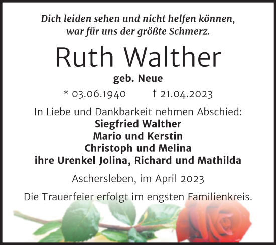 Traueranzeige von Ruth Walther von Trauerkombi Aschersleben