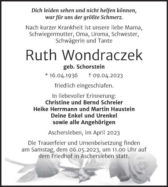 Traueranzeige von Ruth Wondraczek von Trauerkombi Aschersleben