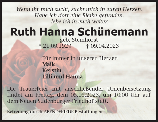 Traueranzeige von Ruth Hanna Schünemann von Volksstimme Magdeburg