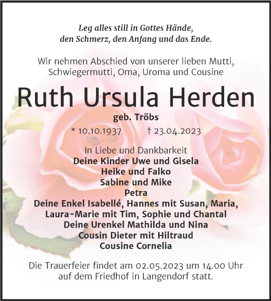 Traueranzeige von Ruth Ursula Herden von Trauerkombi Weißenfels