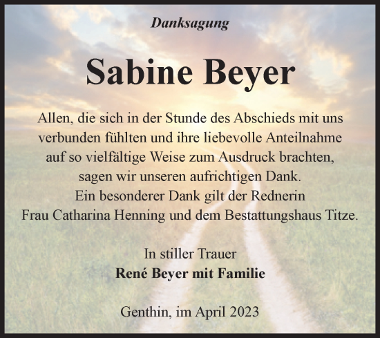 Traueranzeige von Sabine Beyer von Volksstimme Burg/Genthin
