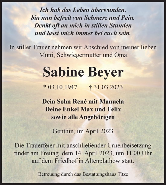 Traueranzeige von Sabine Beyer von Volksstimme Burg/Genthin