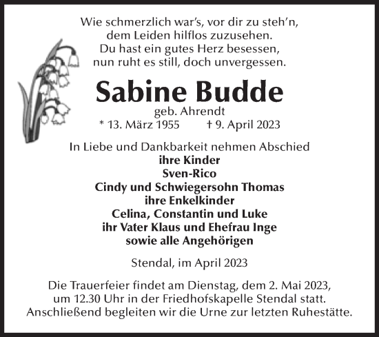 Traueranzeige von Sabine Budde von Volksstimme Altmark Ost