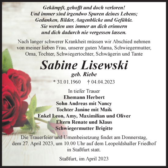 Traueranzeige von Sabine Lisewski von Volksstimme Staßfurt