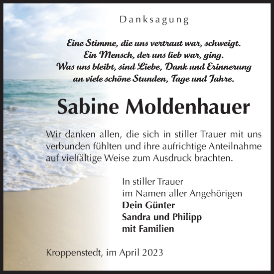 Traueranzeige von Sabine Moldenhauer von Volksstimme Oschersleben/Wanzleben