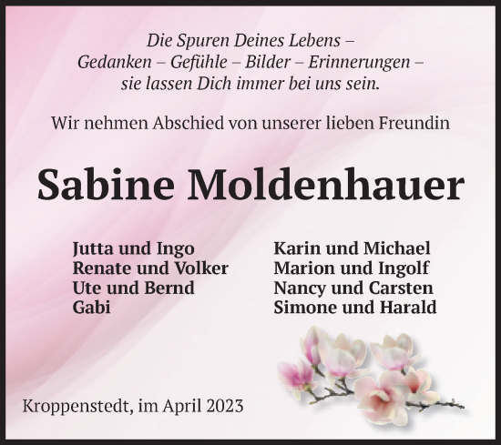 Traueranzeige von Sabine Moldenhauer von Volksstimme Oschersleben/Wanzleben