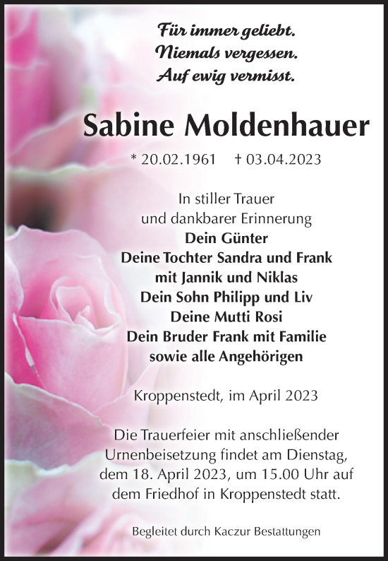 Traueranzeige von Sabine Moldenhauer von Volksstimme Oschersleben/Wanzleben