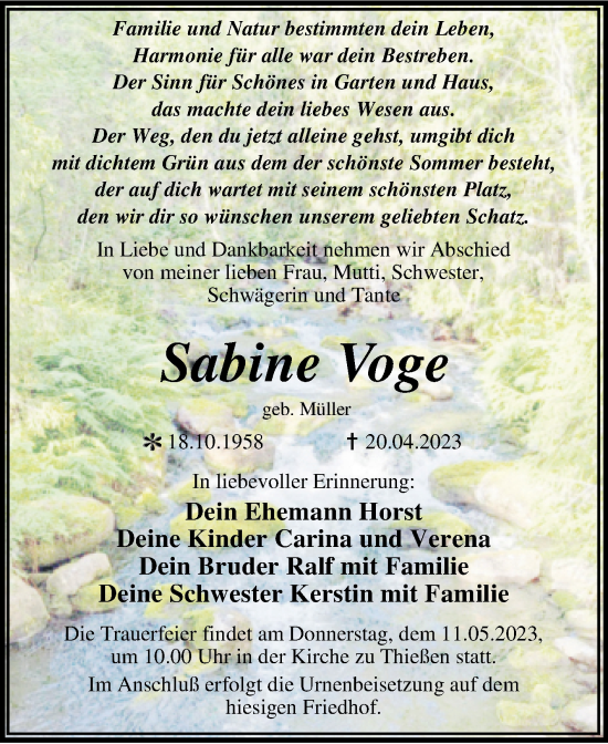 Traueranzeige von Sabine Voge von Trauerkombi Wittenberg
