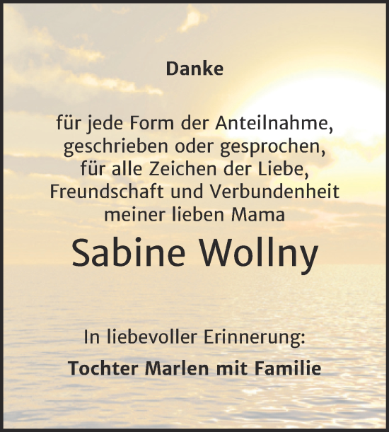 Traueranzeige von Sabine Wollny von Trauerkombi Bitterfeld