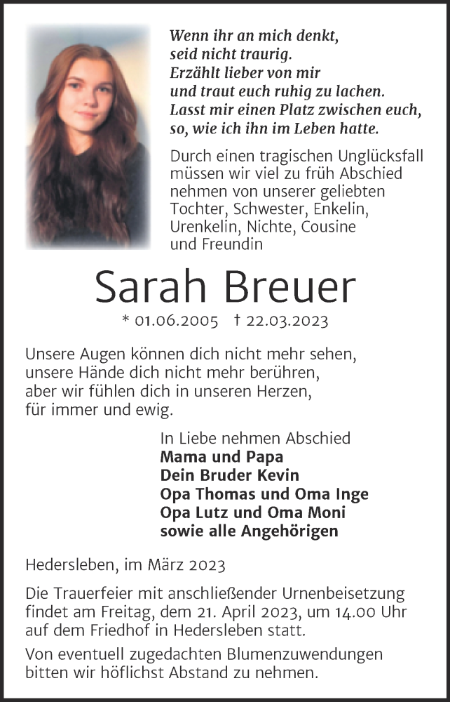  Traueranzeige für Sarah Breuer vom 08.04.2023 aus Trauerkombi Quedlinburg
