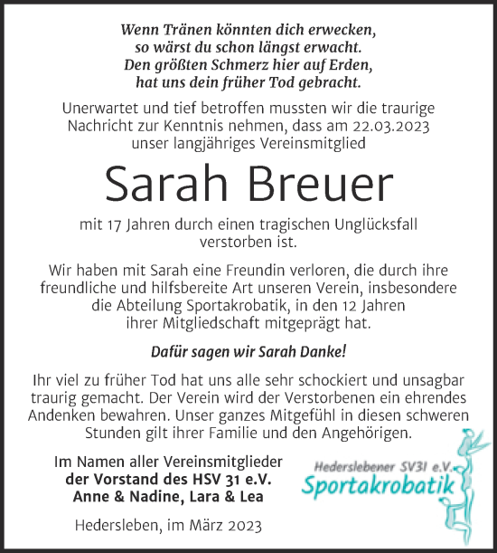 Traueranzeige von Sarah Breuer von Trauerkombi Quedlinburg