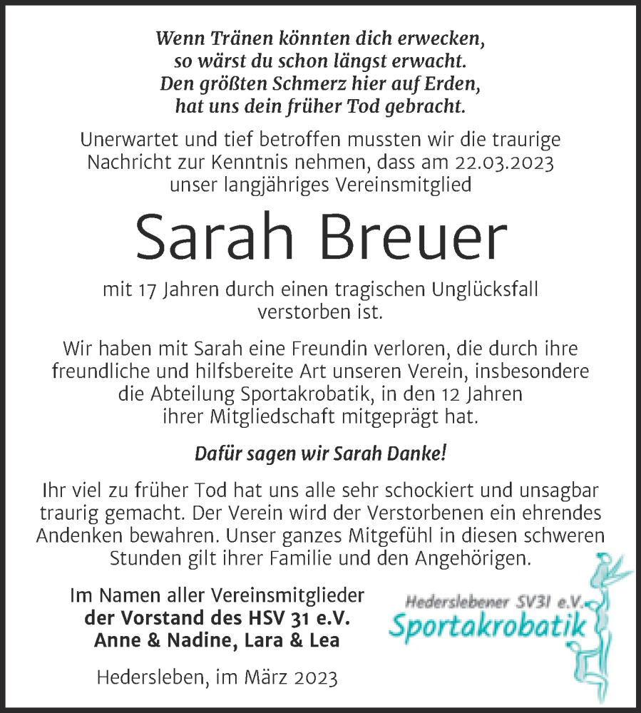  Traueranzeige für Sarah Breuer vom 08.04.2023 aus Trauerkombi Quedlinburg