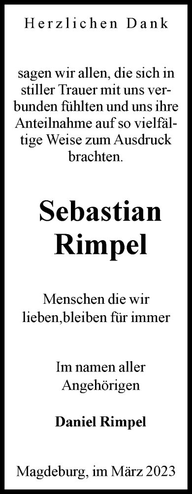 Traueranzeige von Sebastian Rimpel von Volksstimme Magdeburg