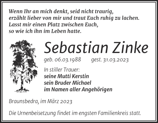 Traueranzeige von Sebastian Zinke von Trauerkombi Merseburg