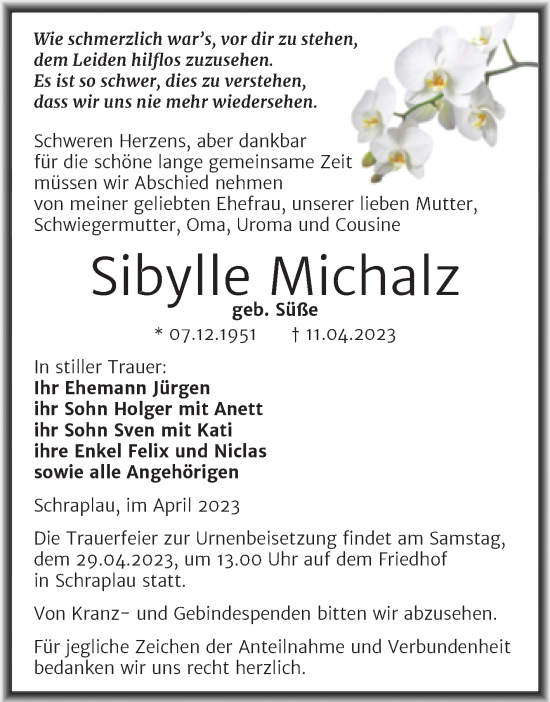 Traueranzeige von Sibylle Michalz von Trauerkombi Mansfelder Land