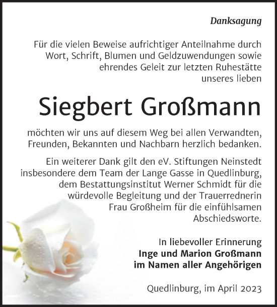 Traueranzeige von Siegbert Großmann von Trauerkombi Quedlinburg