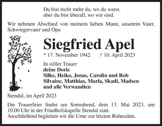 Traueranzeige von Siegfried Apel von Volksstimme Altmark Ost