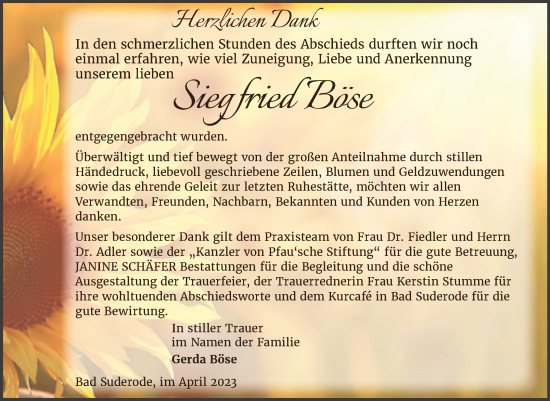 Traueranzeige von Siegfried Böse von Trauerkombi Quedlinburg