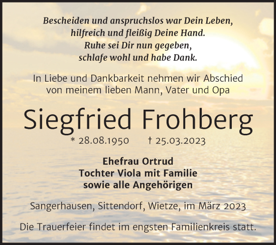 Traueranzeige von Siegfried Frohberg von Trauerkombi Sangerhausen