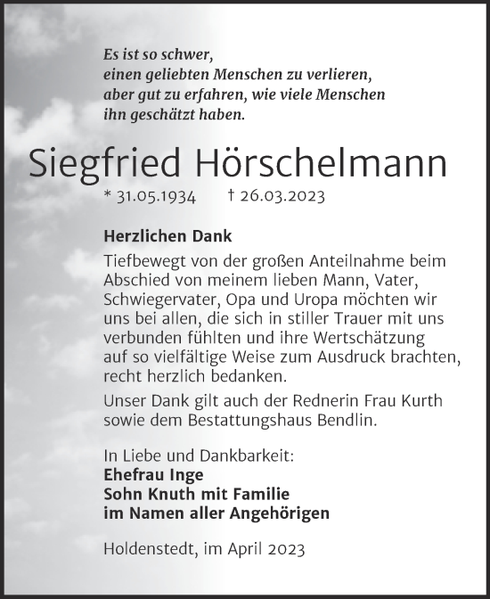 Traueranzeige von Siegfried Hörschelmann von Trauerkombi Sangerhausen