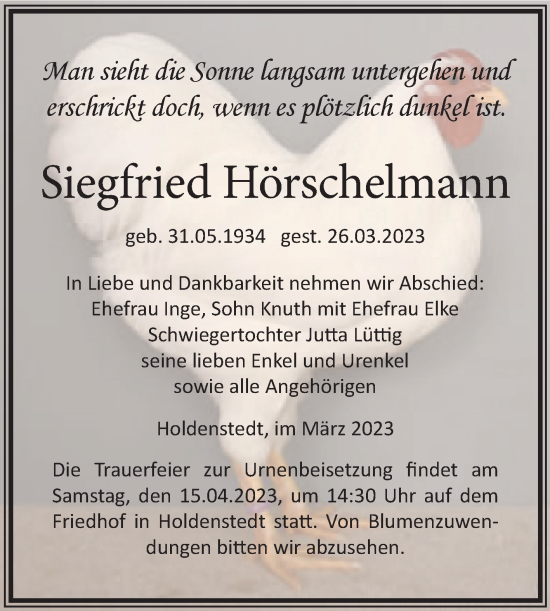Traueranzeige von Siegfried Hörschelmann von Trauerkombi Sangerhausen