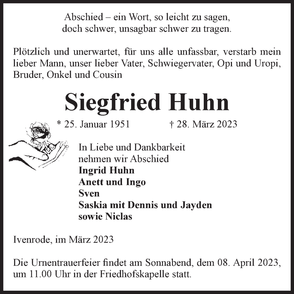  Traueranzeige für Siegfried Huhn vom 01.04.2023 aus Volksstimme Haldensleben/Wolmirstedt