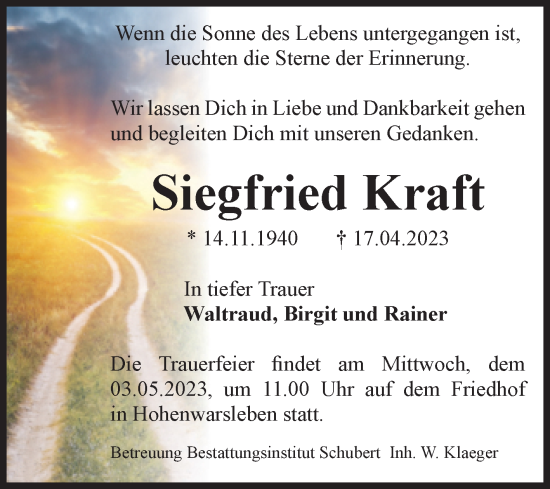 Traueranzeige von Siegfried Kraft von Volksstimme Haldensleben/Wolmirstedt